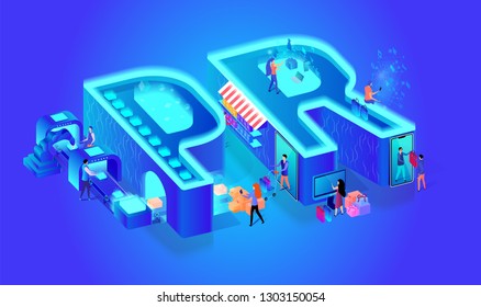 3d Neon Effect Isometric Letters PR. Blue Gradient Background. Creative Font. Little People Characters Use Smart Technology in Life, Produce Goods, Shopping, Online Research. Vector Flat Illustration.