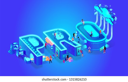 3d Neon Effect Isometric Word PRO. Creative Letters. Little People Characters Use Smart Technology in Life, Produce Goods, Shopping, Online Research. Blue Gradient Background.Vector Flat Illustration.