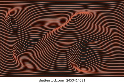 Efecto neón 3D Swirl Fluid Patrón de rayas líquidas. Fluyendo líneas dinámicas sobre fondo negro. Concepto de lujo de Tecnología, Digital, Comunicación, Ciencia, Música en el estilo de moda de los años 90. Vector estético