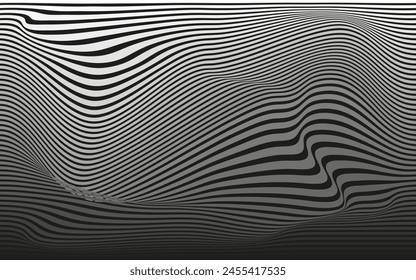 3D Neon effect Swirl Wave Liquid lines pattern. Flowing Dynamic gradien light on black background. Luxury concept of Technology, Digital, Communication, Science, Music in trendy 90s style. Vector 