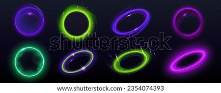 3d neon electric light and flare halo ring vector effect. Abstract speed frame with edm energy glow on black background. Purple, green and blue radial orb vortex shape. Beautiful fiber motion tunnel