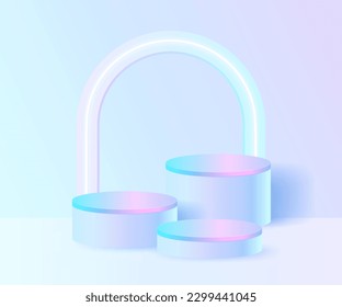 3D Neon futuristic hologram pedestal in a minimal interior. Empty bright pink glowing stage for modern product presentation, abstract ceremony or digital shape showcase in a soft pastel gradient 