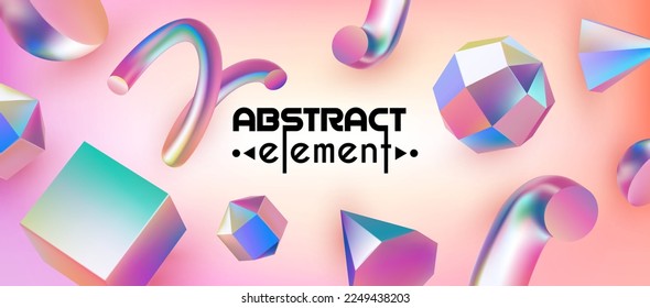 3d neon geometric background. Render abstract shapes. Gradient geometry cube and triangle figure, balls and lines, holographic metal square. Vector minimal banner or poster exact elements
