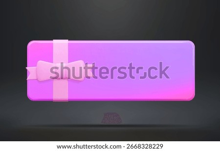 3d neon gift card with bow. Gift certificate for promotion of goods for holidays, birthdays and discount coupon concept. Stock vector illustration on dark isolated background.