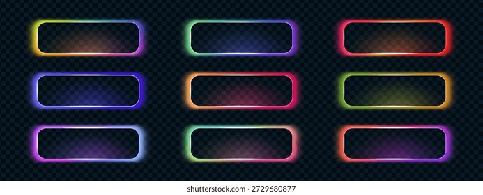 Botones de caja de marco de luz de neón 3D con bordes degradados multicolores y diseño luminoso de acción de llamada. Estas Plantillas de acción de llamada de neón brillan con energía y vívidas transiciones de color.