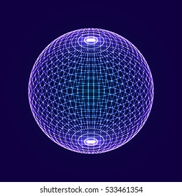 3D neon glowing abstract sphere wireframe on dark background. Globe network concept. Vector illustration