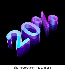 3d neon glowing character 20% made of glass with reflection on Black background, EPS 10 vector illustration.