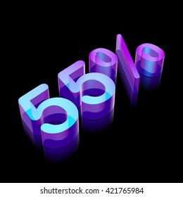 3d neon glowing character 55% made of glass with reflection on Black background, EPS 10 vector illustration.