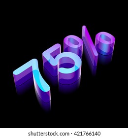 3d neon glowing character 75% made of glass with reflection on Black background, EPS 10 vector illustration.