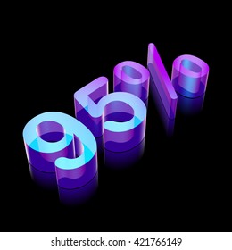 3d neon glowing character 95% made of glass with reflection on Black background, EPS 10 vector illustration.