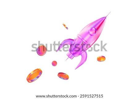 3D neon or holograpchic rocket with coins. Cartoon style. Stock vector illustration on isolated background.