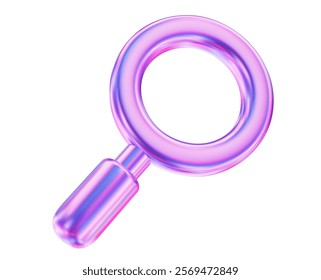 3d neon or holographic magnifying glass icon. Cartoon style. Stock vector illustration on isolated background.