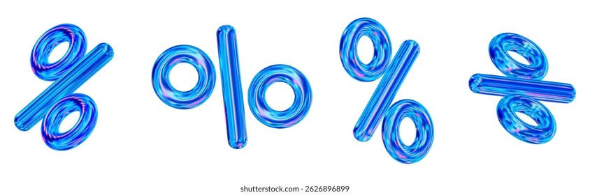 3d neon, holographic percent signs discount with different angles. Voucher gift. Stock vector illustration on isolated background.