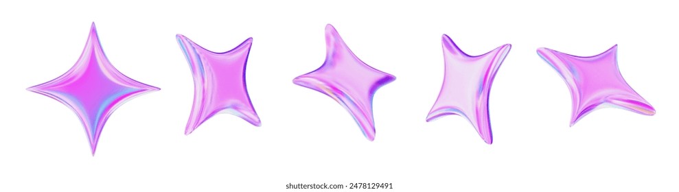 3d neon or holographic sparkle star set. Stock vector illustration on isolated background.