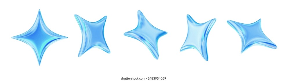 Conjunto de estrellas de neón 3d o de chispa holográfica. Ilustración vectorial de stock sobre fondo aislado.