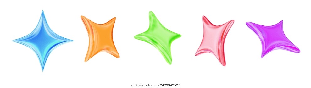 3d neon or holographic sparkle star set. Stock vector illustration on isolated background.