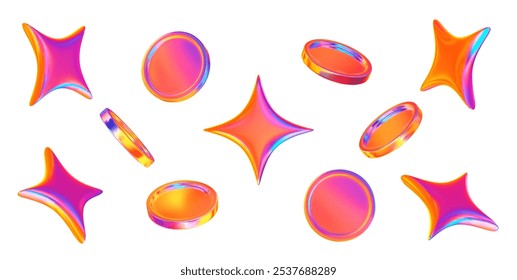 Estrellas brillantes de neón o holográficas 3D y juego de monedas. Ilustración vectorial de stock sobre fondo aislado.	