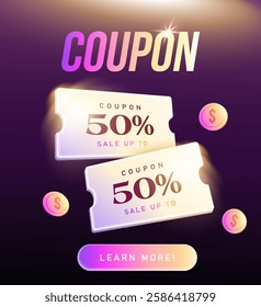 3d neon light coupon with coins flying around, coupon code, price off, isolated on dark background. New gift voucher pop up banner template in 3d vector