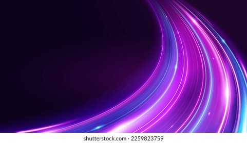 3D neon light effect background. Illustration of high speed concept. Curved light trail stretched upward.