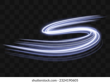 3d Neon light effect glowing trails. Light motion speed background. Blue line glow and and shine. Laser beam sparkling on dark scene.