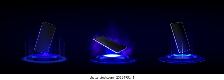 3d neon light futuristic podium for mobile phone. Laser effect technology pedestal mockup for product. smartphone screen winner template on cyber glow stage with steam in scifi studio background.