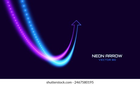 3D Neon Lights Arrow. Abstract Minimalist Business Start Up Growth Concept Background. Colorful Neon Lights In a Shape of Ascending Arrow. Profit and Investment Vector Illustration.