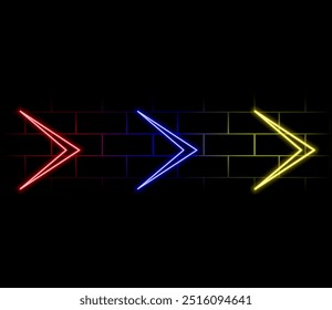 Flecha de luces de neón 3D. Fondo minimalista Abstractas del concepto de crecimiento de start-up empresarial. Luces de neón de colores en forma de flecha ascendente. Ilustración vectorial de beneficios e inversiones..