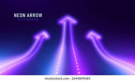 3D Neon Lights Arrow. Abstract Minimalist Business Start Up Growth Concept Background. Colorful Neon Lights In a Shape of Ascending Arrow. Profit and Investment Vector Illustration.