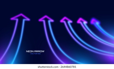 3D Neon Lights Arrow. Abstract Minimalist Business Start Up Growth Concept Background. Colorful Neon Lights In a Shape of Ascending Arrow. Profit and Investment Vector Illustration.