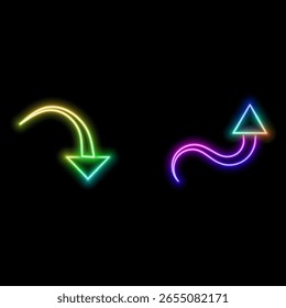 3D neon lights arrow. Abstract minimalist business start up growth concept background. Colorful neon lights in the shape of an ascending arrow. Profit and investment vector illustration.