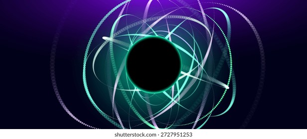 Luces de neón 3D átomo con electrones orbitales. Energía Nuclear, Investigación Científica, Química Molecular, Física Concepto de Ciencia. Ilustración vectorial.