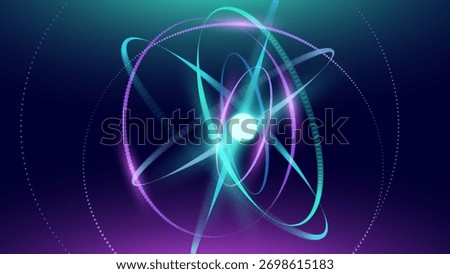 3D Neon Lights Atom with Orbital Electrons. Nuclear Energy, Scientific Research, Molecular Chemistry, Physics Science Concept. Vector Illustration.