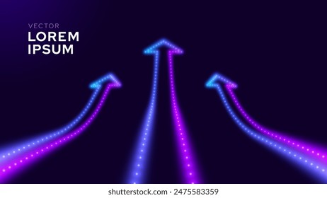 3D Neon Lights Three Arrows. Abstract Minimalist Business Start Up Growth Concept Background. Colorful Neon Lights In a Shape of Ascending Arrow. Profit and Investment Vector Illustration.