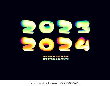 3D neon New Year 2023 2024 bright bubble text design for holiday design banner, flyer, calendar, poster, invitation, annual report, vector illustration 10eps