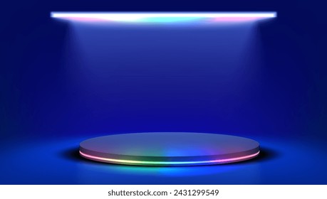 3D Neon Rainbow Glow Cylinder Pedestal Podium In Dark Blue Room. EPS10 Vector