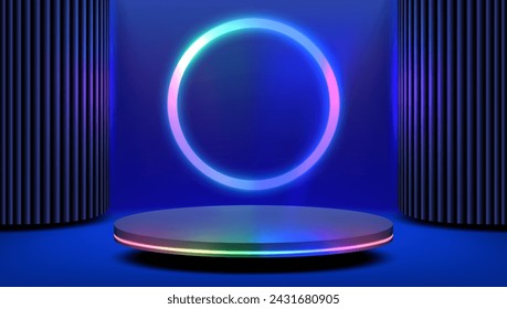 3D Neon Rainbow Glow Cylinder Pedestal Podium In Dark Blue Room. EPS10 Vector