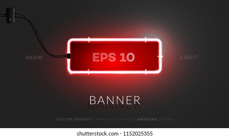 3d Neon Rectangle Sign. Realistic Vector Empty Banner With Lighting Red Neon Tube On Black Background. Conceptual Vector Illustration.