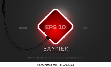 3d Neon Rectangle Sign. Realistic Vector Empty Banner With Lighting Red Neon Tube On Black Background. Conceptual Vector Illustration.