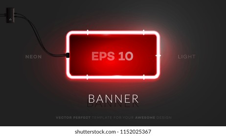 3d Neon Rectangle Sign. Realistic Vector Empty Banner With Lighting Red Neon Tube On Black Background. Conceptual Vector Illustration.