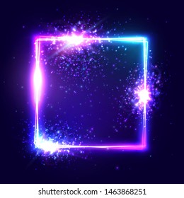 3d neon sign. Geometric square shape celebration background with light explosion particles stars. Colorful realistic isolated blue frame for decoration and covering design. Bright vector illustration.