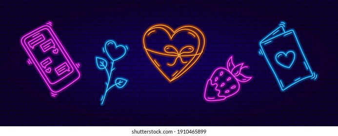 3d neon signboard. Neon design elements Strawberries, Rose, Telephone, box of chocolates and a card. Modern trend style. Bright signboard and design elements for postcards, banners. Valentine's Day.