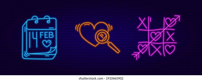 3d neon signboard. Neon design elements Tic-tac-toe, February 14 Calendar and search for ove. Modern trend style. Bright signage and design elements. Valentine's Day.