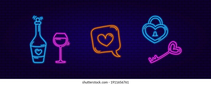 3.ª placa de neón. Elementos de diseño neón botella y vaso de vino, cerradura y llave, corazón. Moderno estilo de moda. Señalización brillante, iconos para banners y postales. Día de San Valentín.