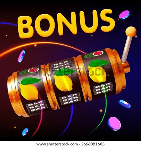 3D neon slot machine with bonus. Online casino. Gambling concept design. Square banner. 3d vector illustration on isolated background.	
