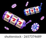 3D neon slot machine with flying casino chips on black isolated background. Online casino. Gambling concept design. 3d vector illustration.