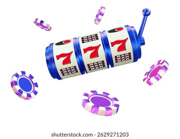 3D neon slot machine with flying casino chips on white isolated background. Online casino. Gambling concept design. 3d vector illustration.