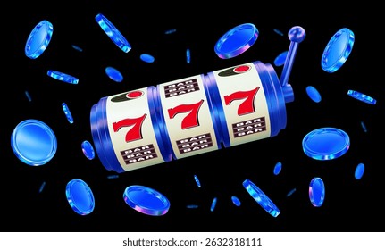 3D neon slot machine with flying neon coins on white isolated background. Online casino. Gambling concept design. Stock vector illustration.