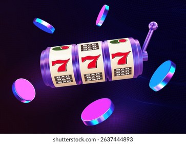 3D neon slot machine with flying disk on white isolated background. Online casino. Gambling concept design. 3d vector illustration on isolated background.