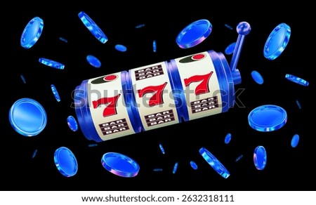 3D neon slot machine with flying neon coins on white isolated background. Online casino. Gambling concept design. Stock vector illustration.