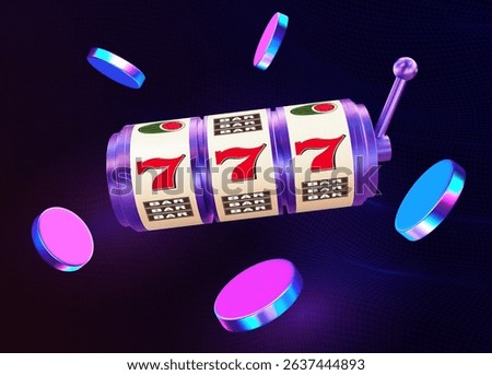 3D neon slot machine with flying disk on white isolated background. Online casino. Gambling concept design. 3d vector illustration on isolated background.